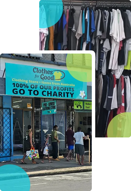 The Clothes For Good shopfront in Suva, with customers outside and racks of pre-loved clothing inside